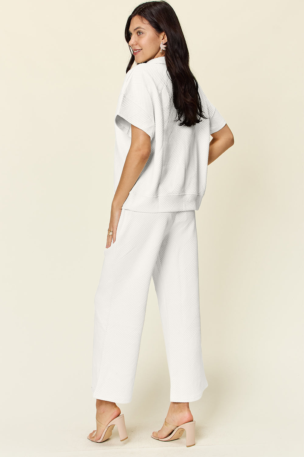 Double Take Full Size Texture Half Zip Short Sleeve Top and Pants Set - UrbanEthereal