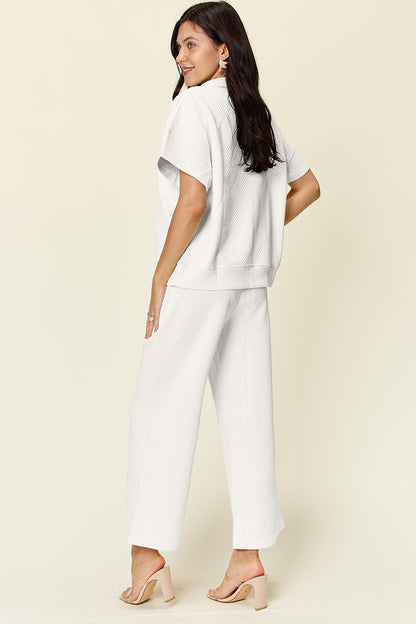 Double Take Full Size Texture Half Zip Short Sleeve Top and Pants Set - UrbanEthereal