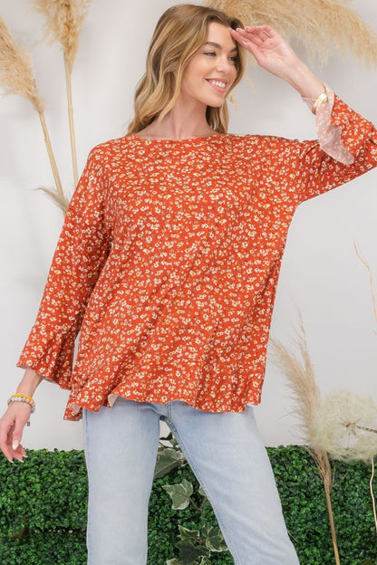 Celeste Full Size Floral Ruffle Detail Top