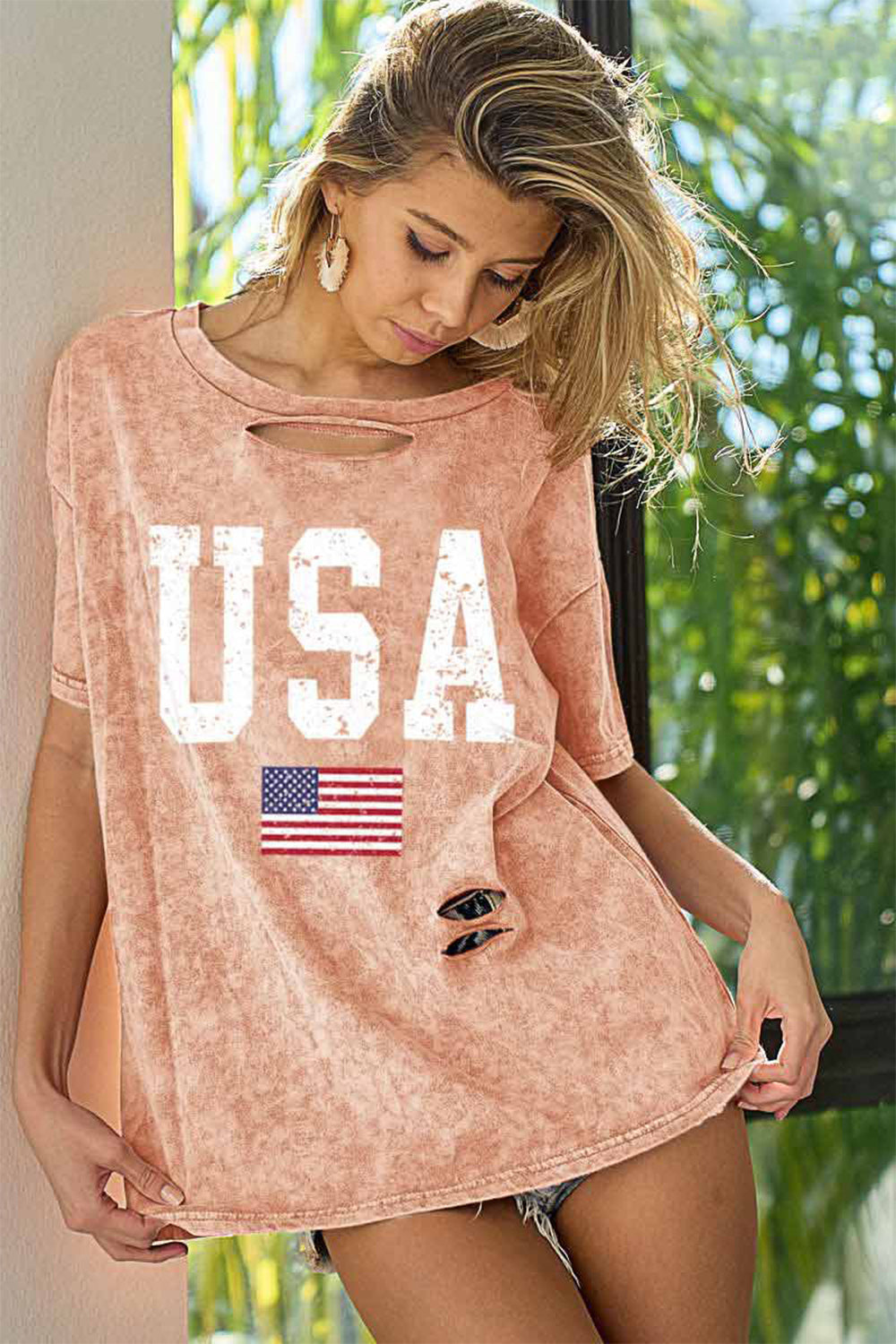 BiBi Washed American Flag Graphic Distressed T-Shirt - UrbanEthereal