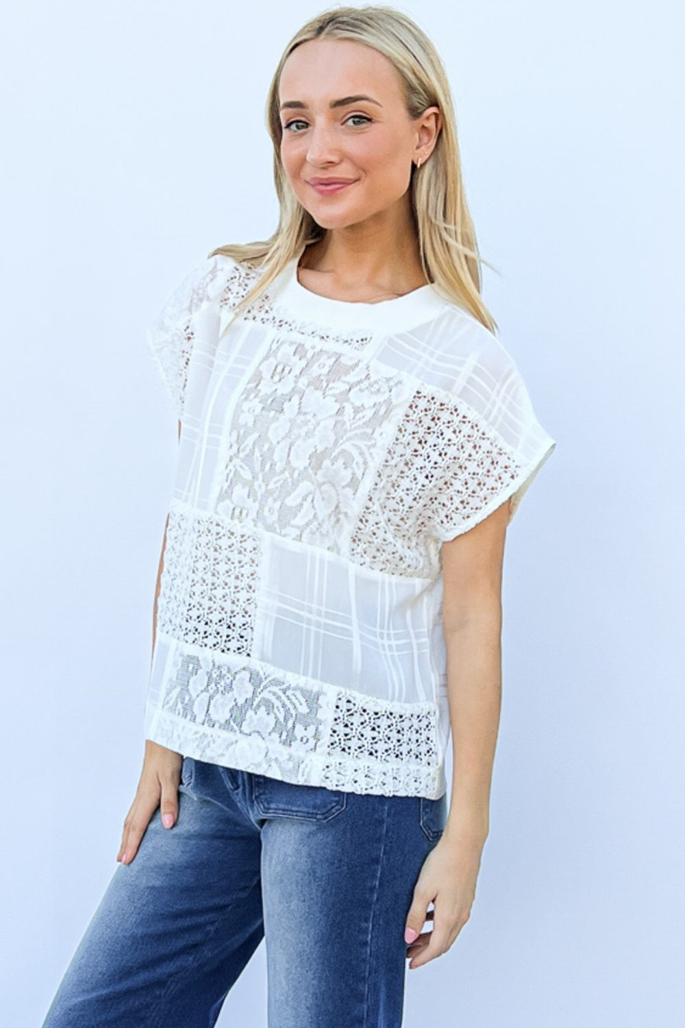 And The Why Lace Patchwork Short Sleeve Top and Cami Set - UrbanEthereal