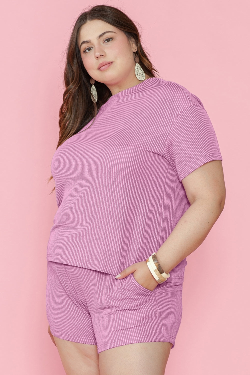 Plus Size Round Neck Short Sleeve Top and Shorts Set - UrbanEthereal