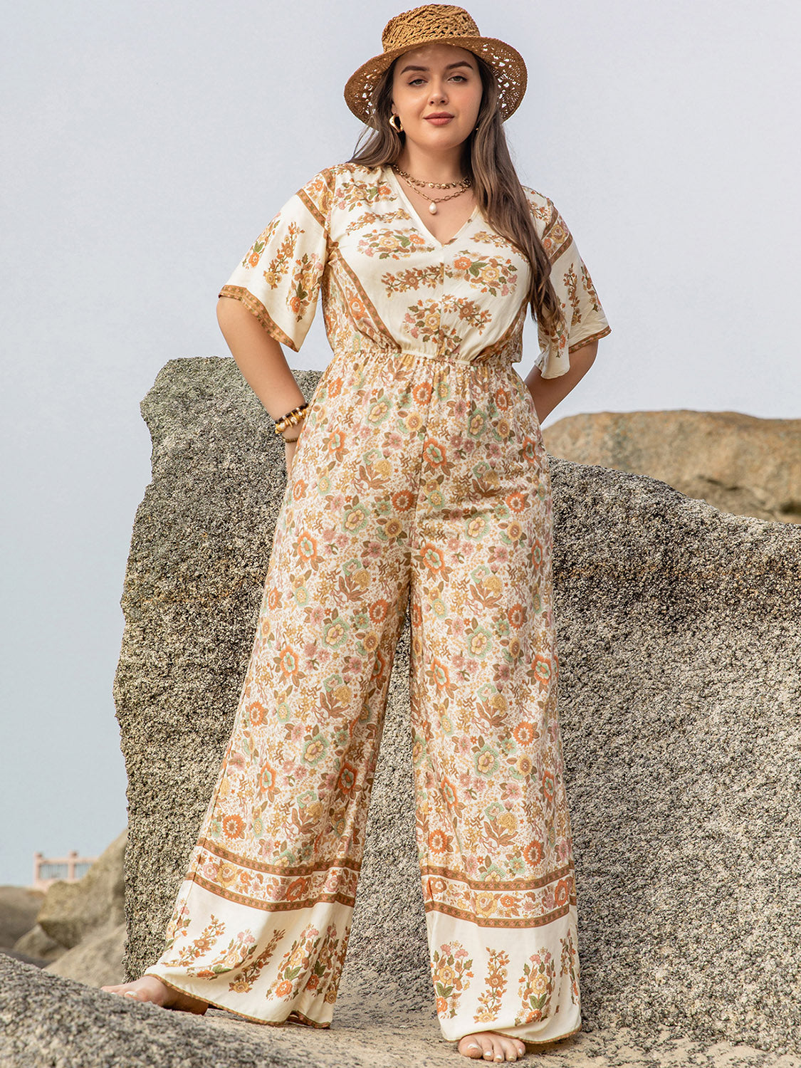 Plus Size V-Neck Flutter Sleeve Wide Leg Jumpsuit - UrbanEthereal