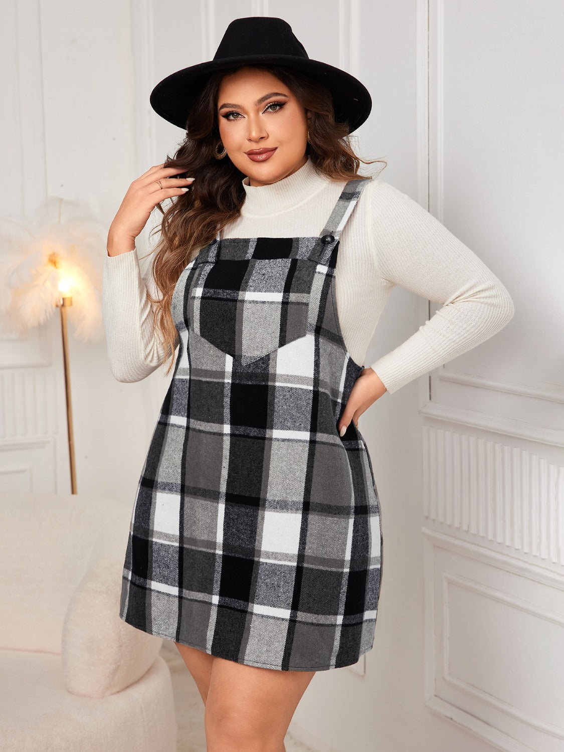 Plus Size Plaid Wide Strap Overall Dress - UrbanEthereal