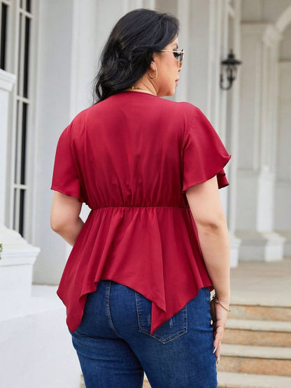 Plus Size Frill Surplice Flutter Sleeve Blouse - UrbanEthereal