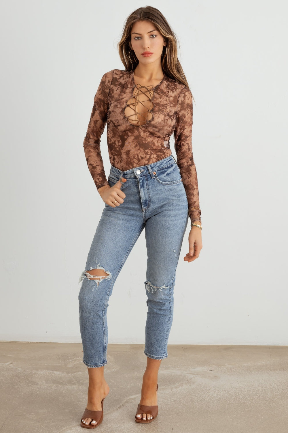 HERA COLLECTION Abstract Mesh Lace-Up Long Sleeve Bodysuit - UrbanEthereal