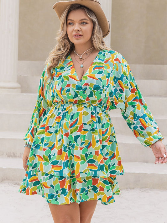 Plus Size Printed Surplice Long Sleeve Mini Dress - UrbanEthereal