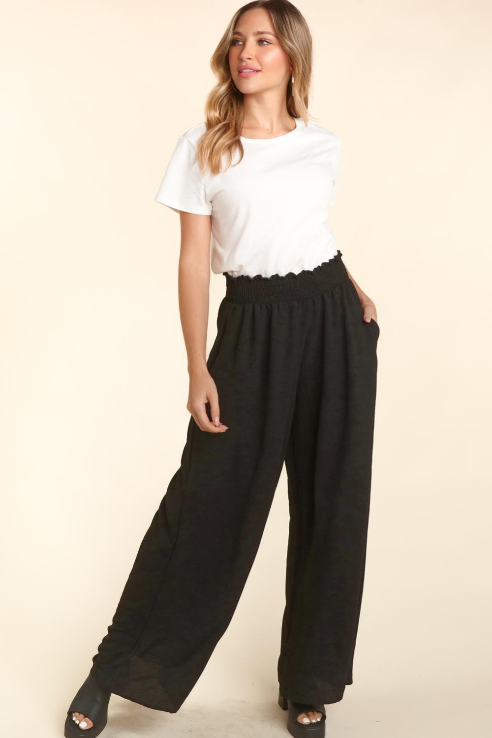 Haptics Elastic Waist Wide Leg Pants with Pockets - UrbanEthereal