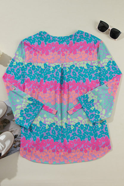 Plus Size Leopard Notched Long Sleeve Blouse - UrbanEthereal