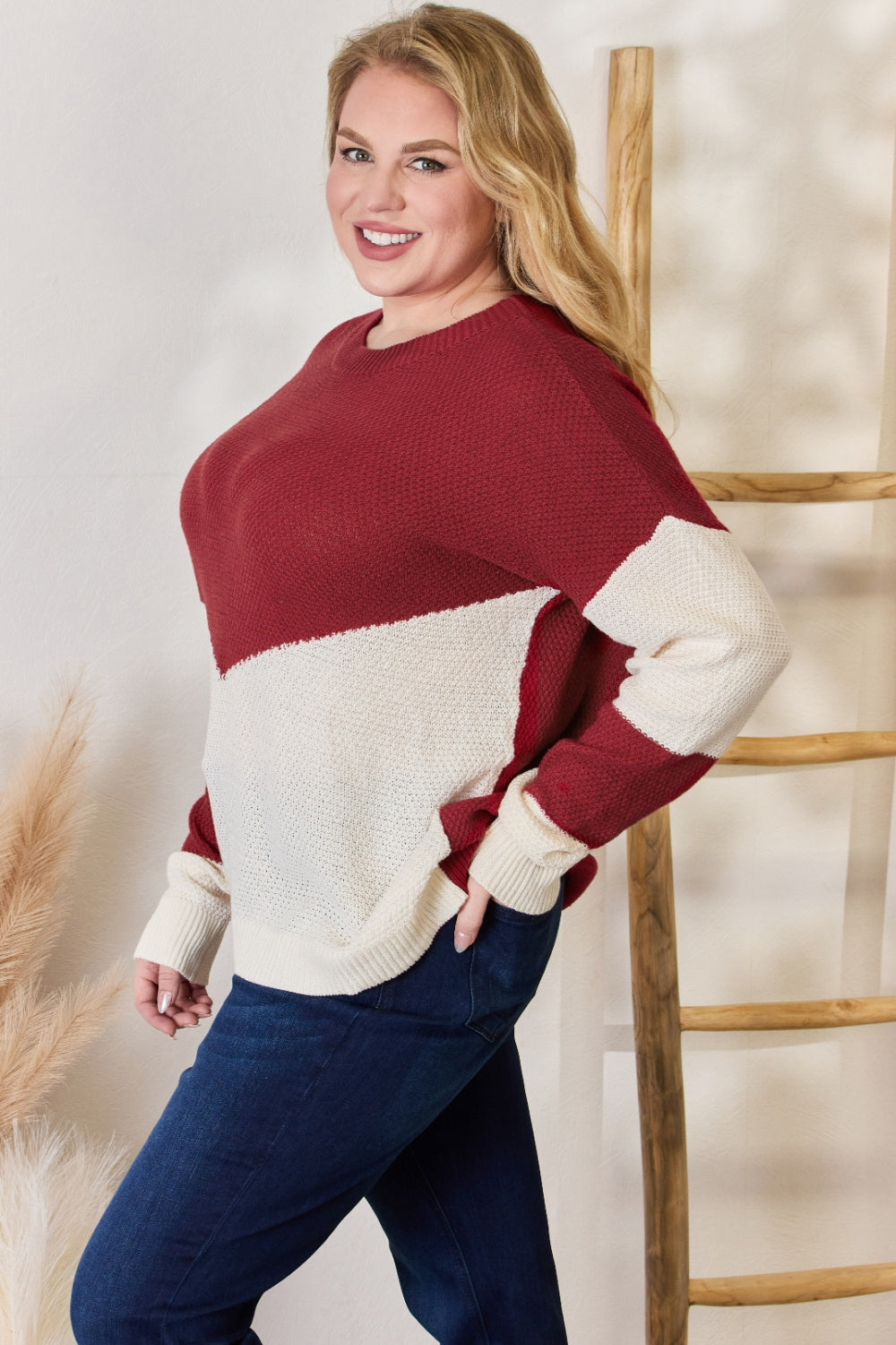 Hailey & Co Full Size Color Block Dropped Shoulder Knit Top - UrbanEthereal