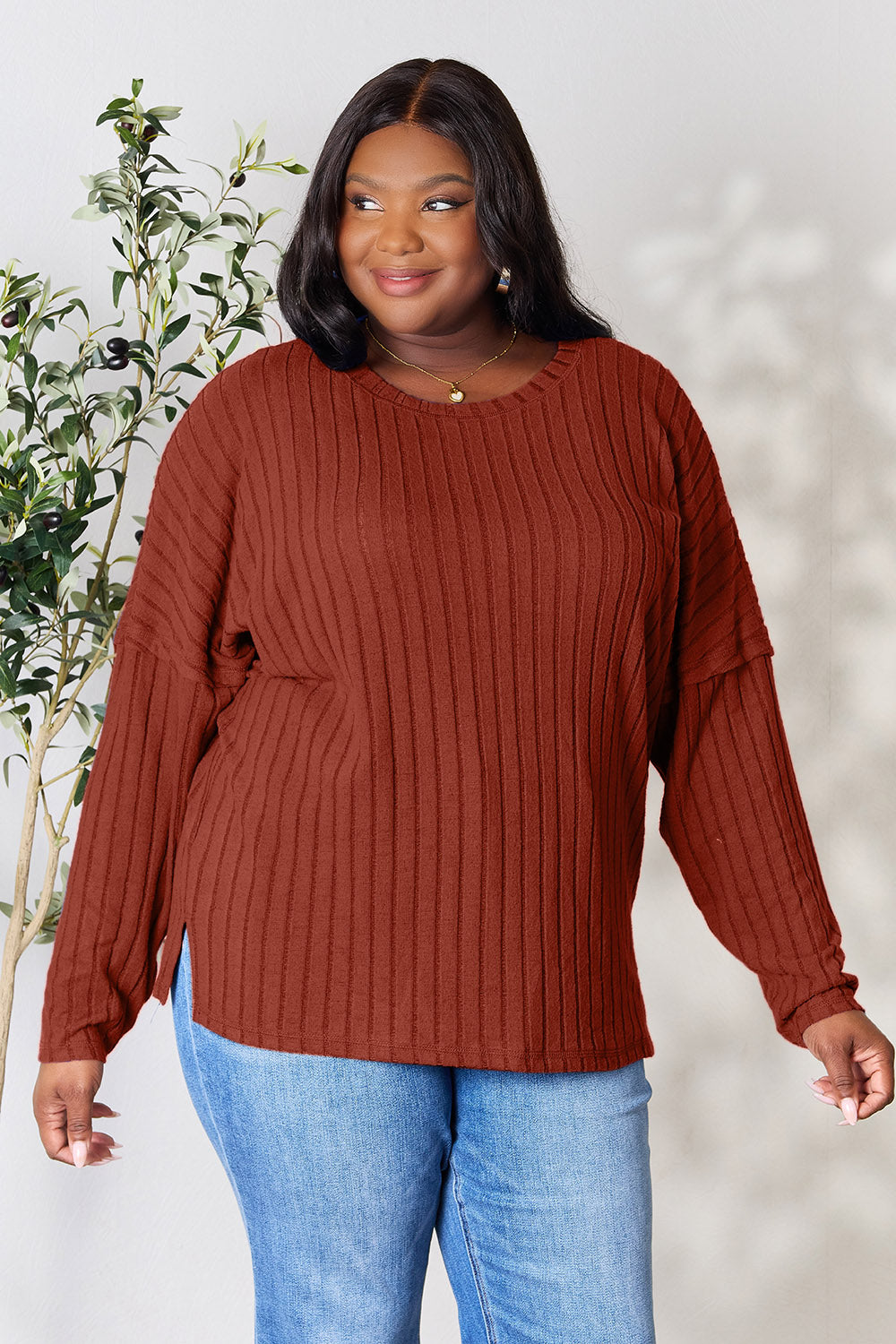 Basic Bae Full Size Ribbed Round Neck Slit Knit Top - UrbanEthereal