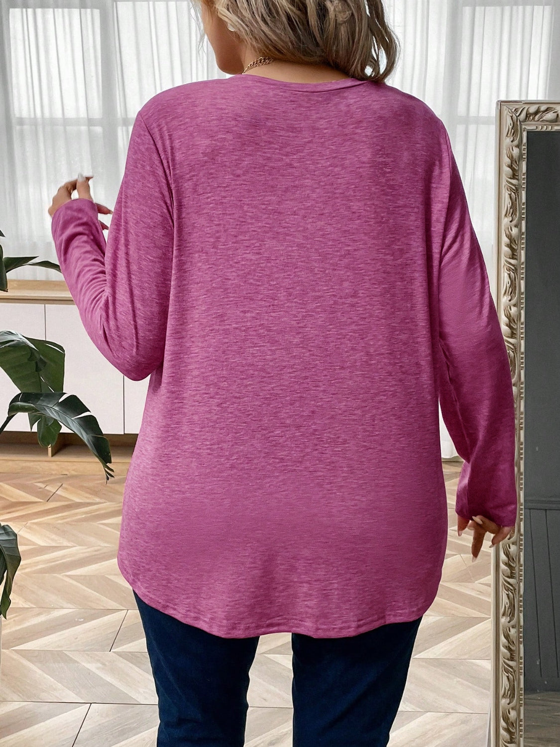 Plus Size Heathered V-Neck Decorative Button T-Shirt - UrbanEthereal