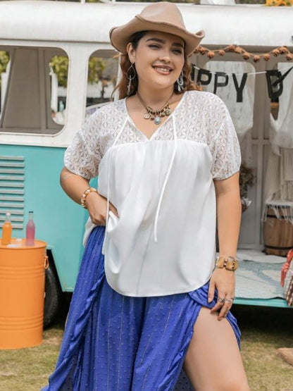 Plus Size Tie Neck Short Sleeve Blouse - UrbanEthereal