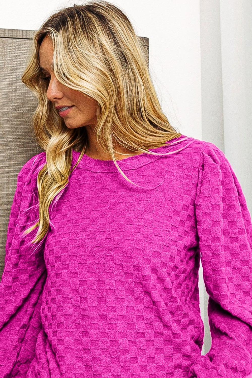 BiBi Round Neck Brushed Checker Top - UrbanEthereal