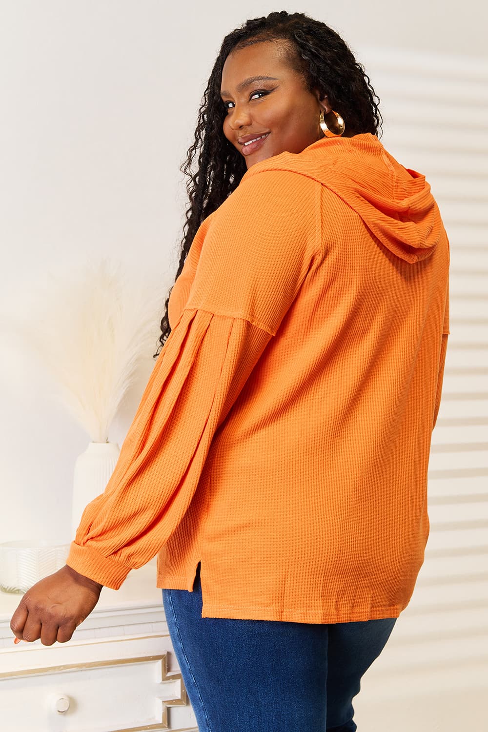 Basic Bae Side Slit Buttoned Waffle Knit Hoodie - UrbanEthereal