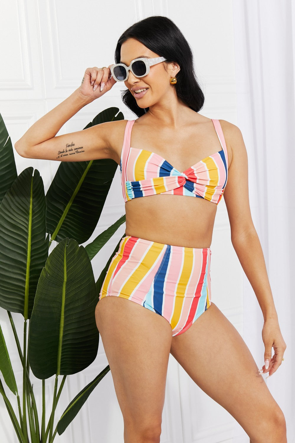 Marina West Swim Take A Dip Twist High-Rise Bikini in Stripe - UrbanEthereal