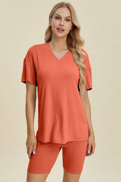 Basic Bae Full Size Ribbed V-Neck Short Sleeve Top and Shorts Set - UrbanEthereal