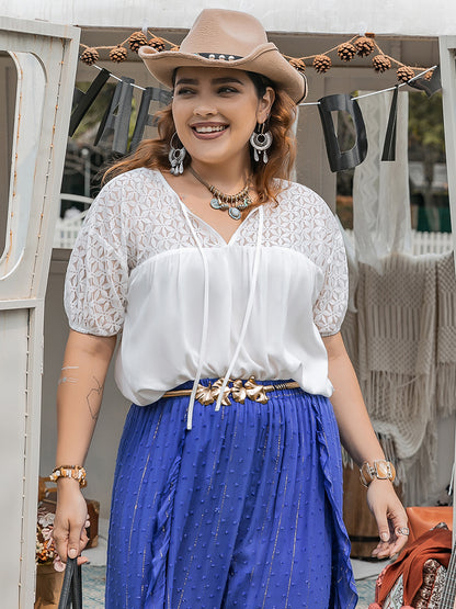 Plus Size Tie Neck Short Sleeve Blouse - UrbanEthereal