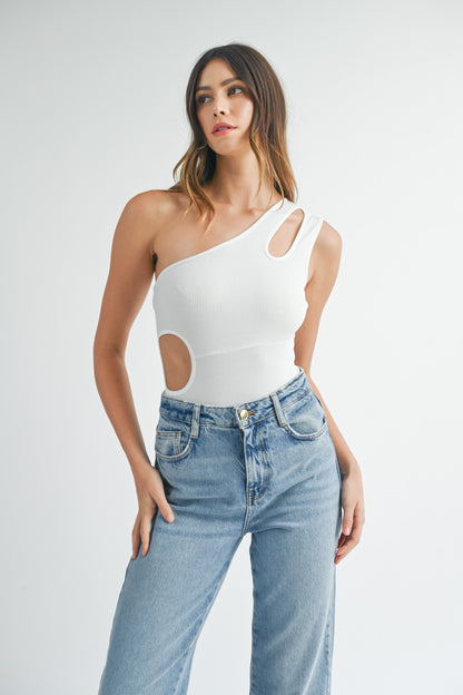MABLE One Shoulder Ribbed Cutout Detail Bodysuit - UrbanEthereal