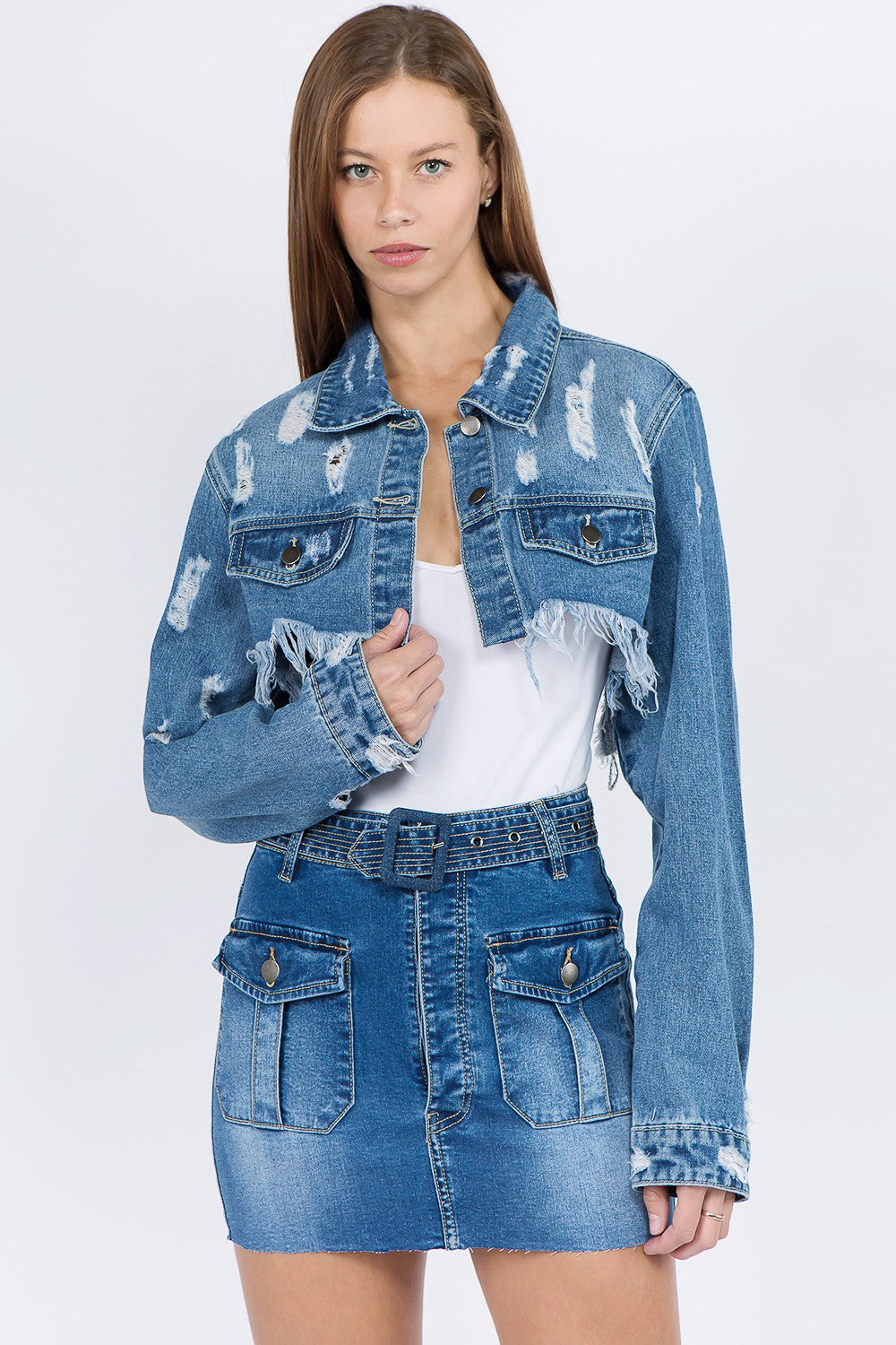 American Bazi Distressed Denim Jacket with Frayed Hem - UrbanEthereal