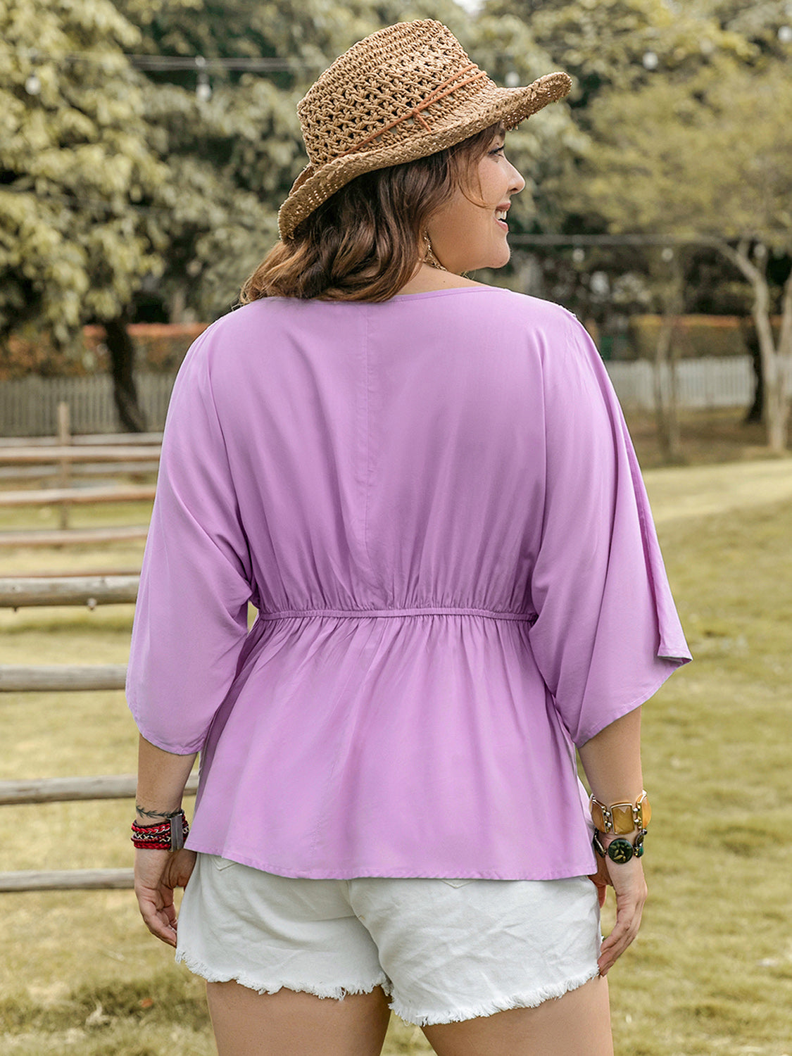 Plus Size Lace Detail Round Neck Three-Quarter Sleeve Blouse - UrbanEthereal