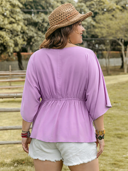 Plus Size Lace Detail Round Neck Three-Quarter Sleeve Blouse - UrbanEthereal
