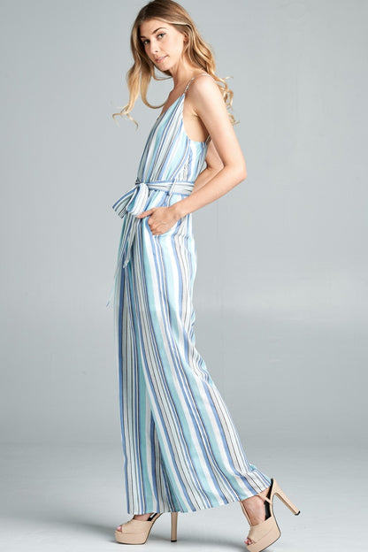 Cotton Bleu by Nu Label Tie Front Striped Sleeveless Jumpsuit - UrbanEthereal