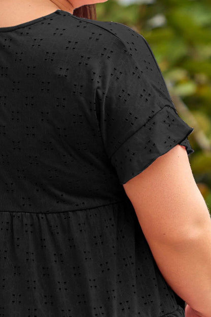 Plus Size Eyelet Round Neck Short Sleeve Blouse - UrbanEthereal