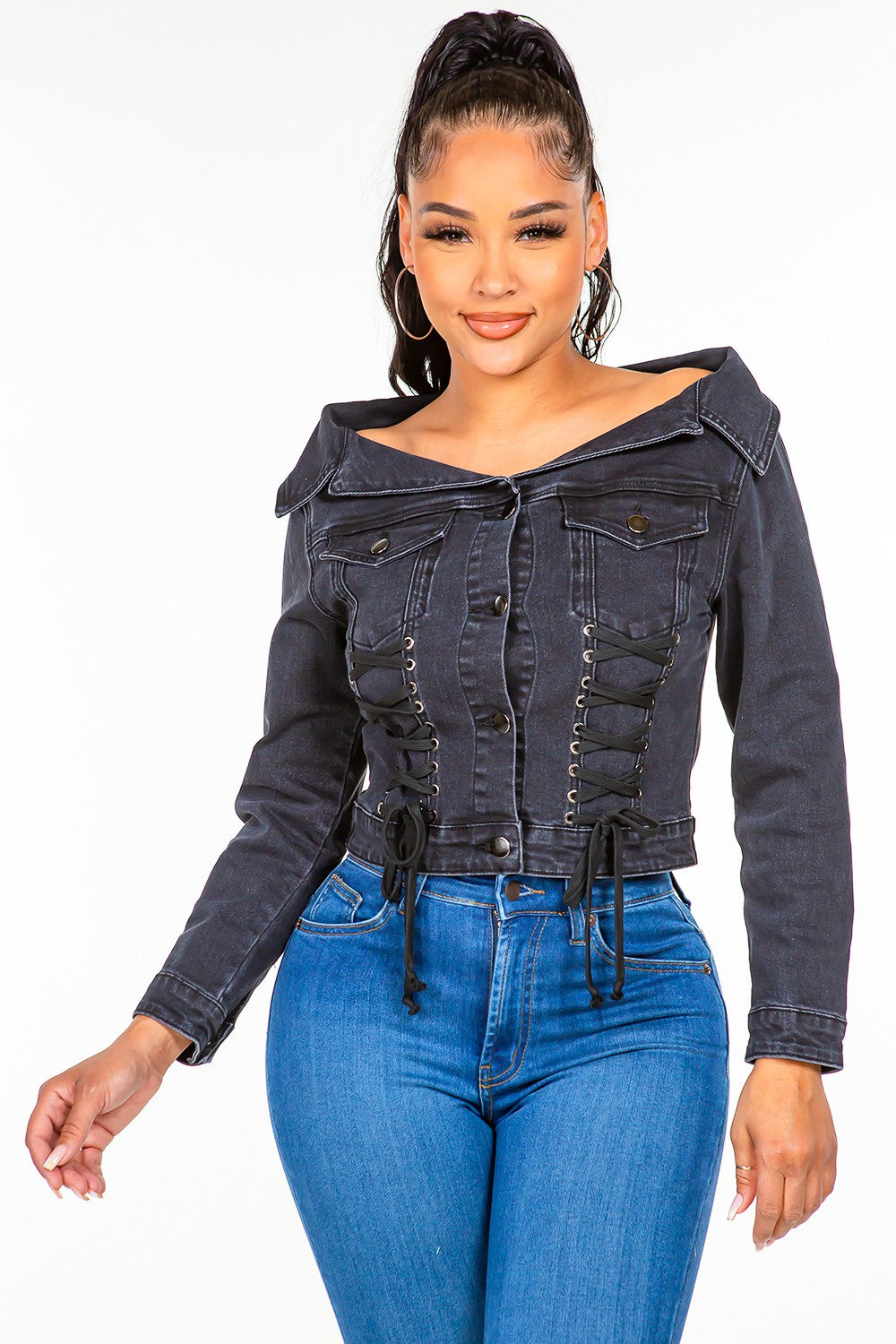 American Bazi Off Shoulder Lace Up Denim Jacket - UrbanEthereal