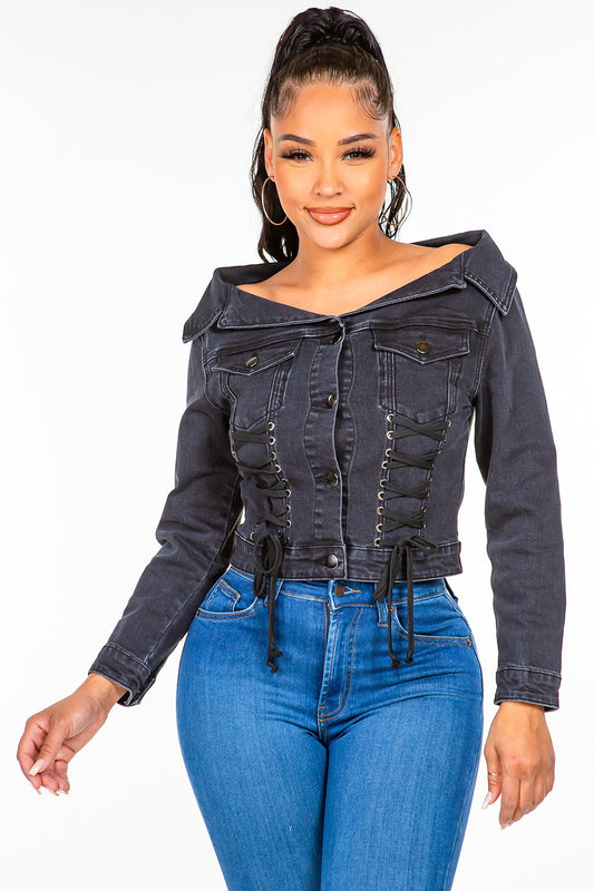 American Bazi Off Shoulder Lace Up Denim Jacket - UrbanEthereal