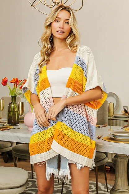 BiBi Openwork Striped Open Front Knit Cardigan - UrbanEthereal