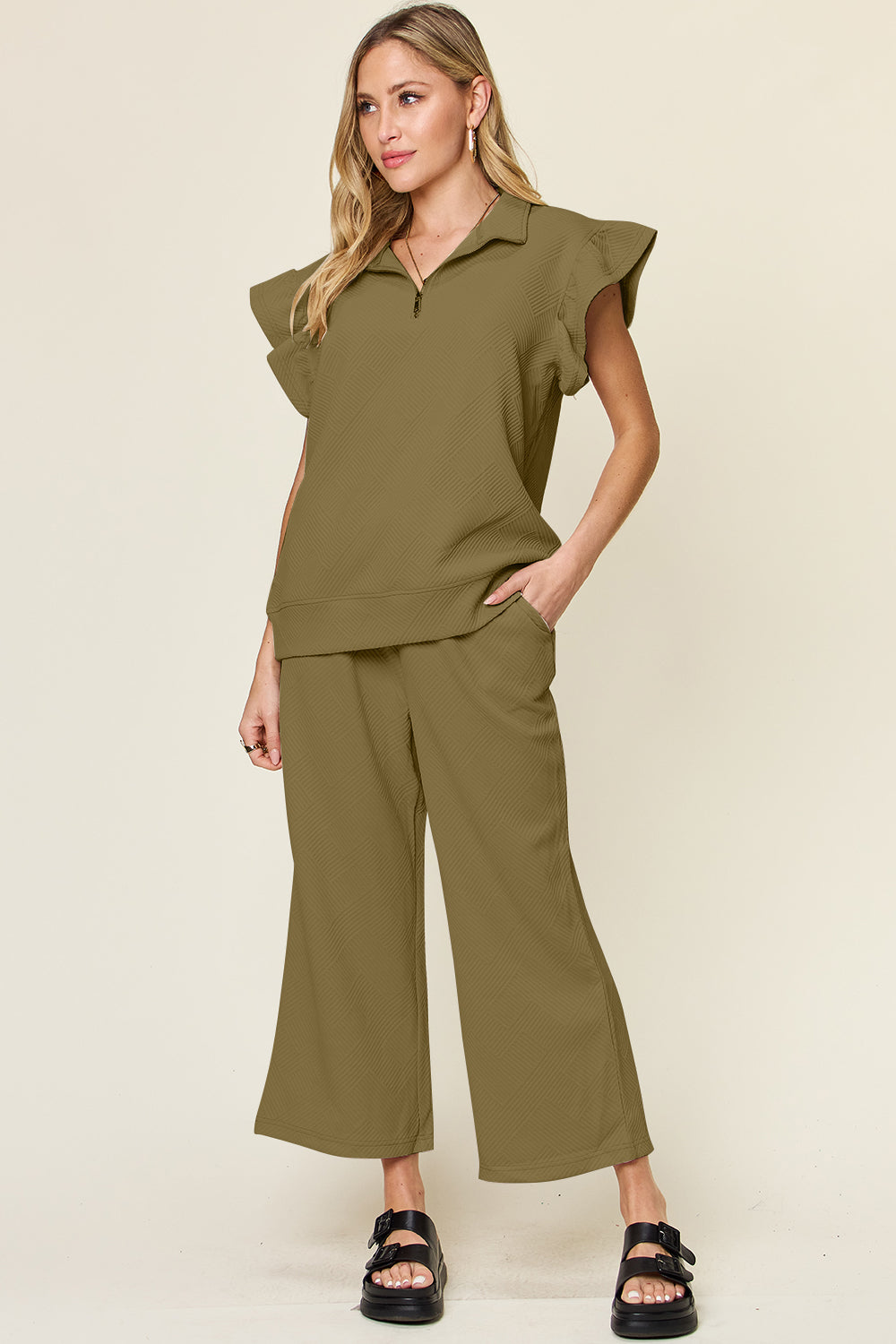 Double Take Texture Ruffle Short Sleeve Top and Drawstring Wide Leg Pants Set - UrbanEthereal
