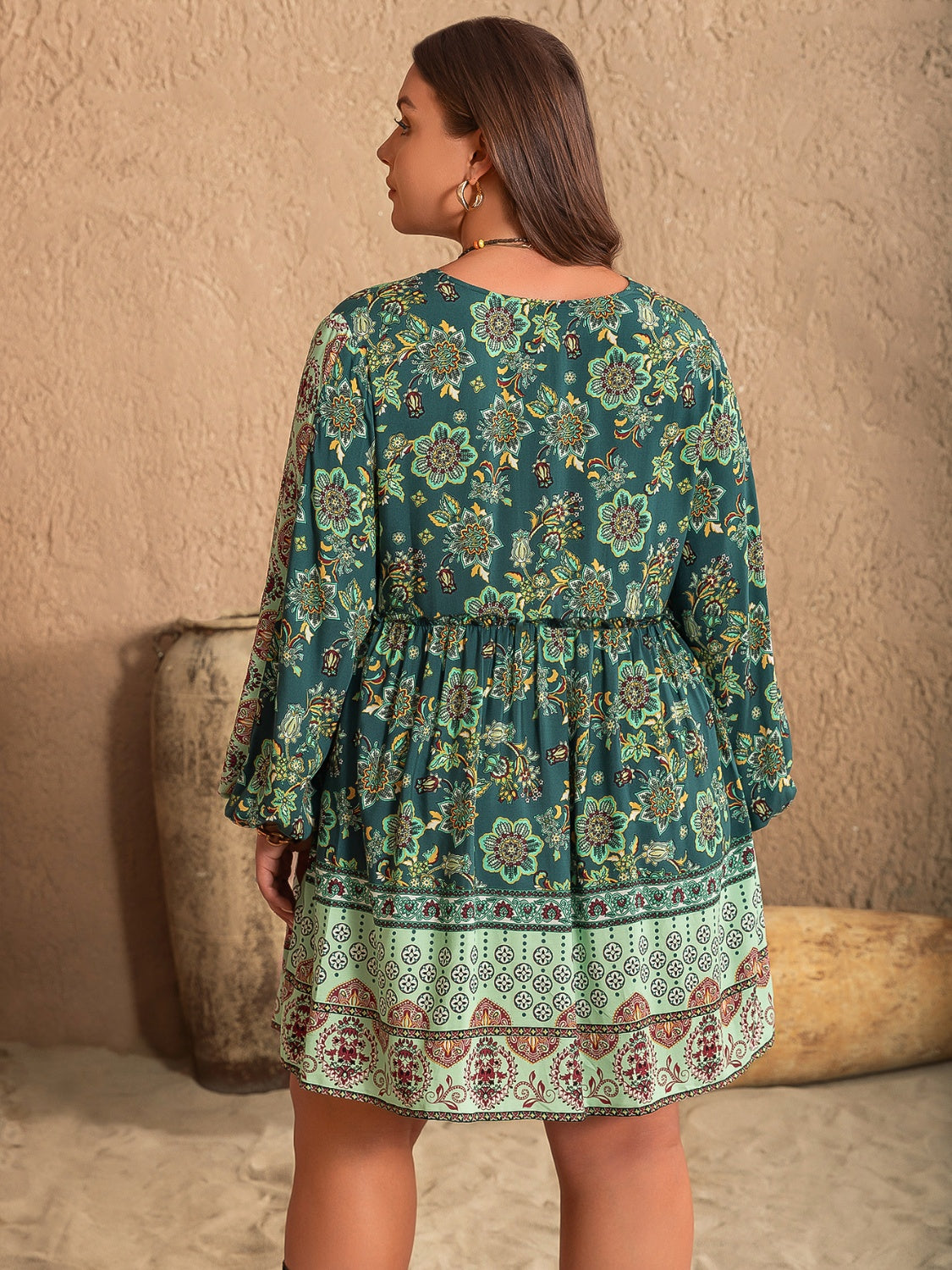 Plus Size V-Neck Balloon Sleeve Printed Mini Dress - UrbanEthereal