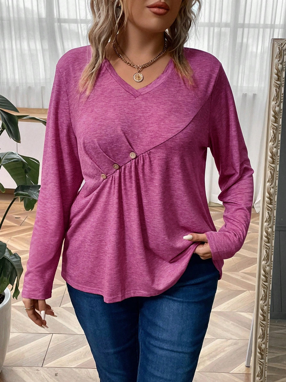 Plus Size Heathered V-Neck Decorative Button T-Shirt - UrbanEthereal