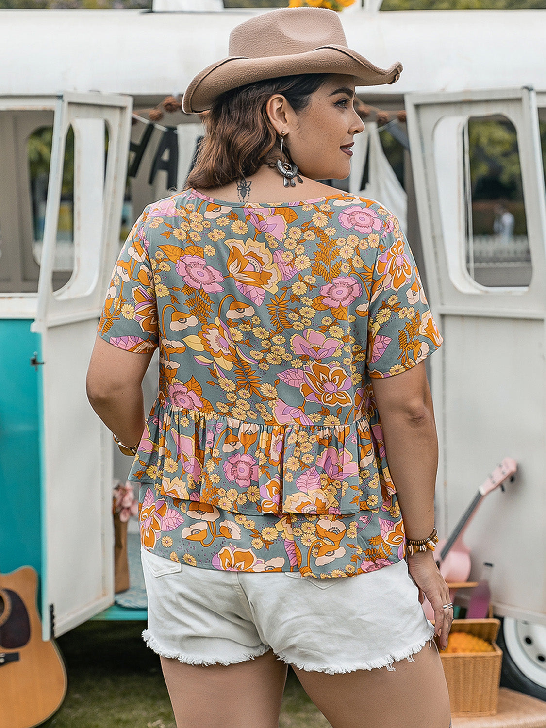 Plus Size Layered Printed Round Neck Short Sleeve Blouse - UrbanEthereal