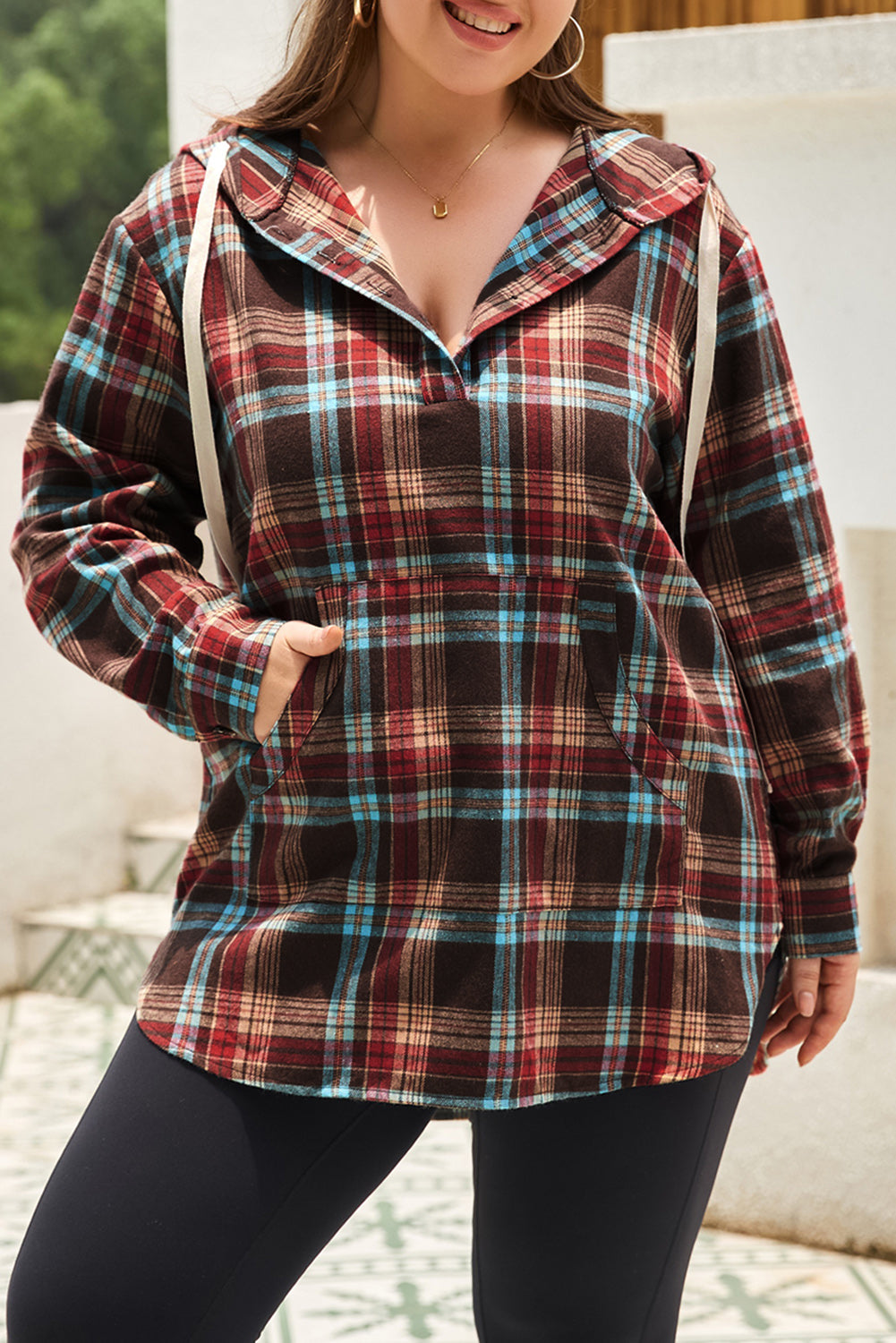 Plus Size Drawstring Plaid Quarter Button Hoodie - UrbanEthereal