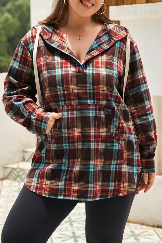 Plus Size Drawstring Plaid Quarter Button Hoodie - UrbanEthereal