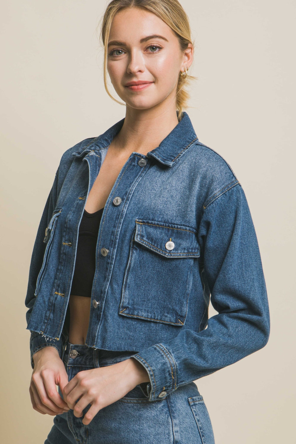 Love Tree Raw Hem Button Up Cropped Denim Jacket - UrbanEthereal