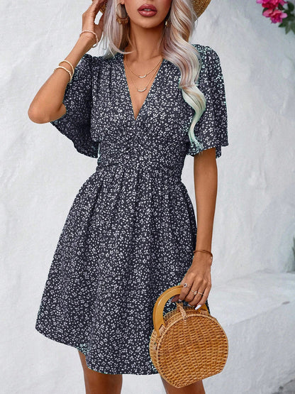 Printed V-Neck Half Sleeve Mini Dress - UrbanEthereal