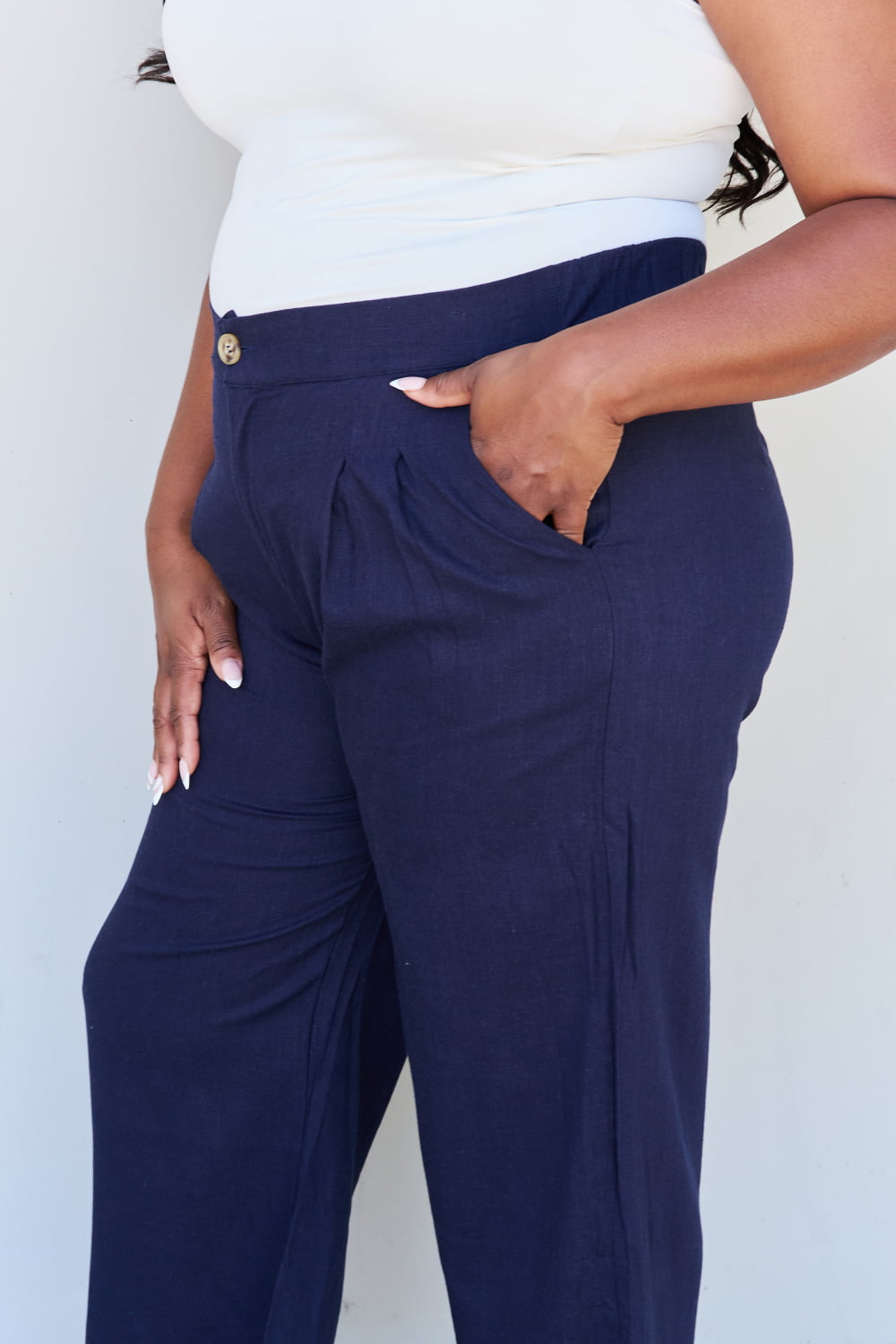 And The Why In The Mix Full Size Pleated Detail Linen Pants in Dark Navy - UrbanEthereal