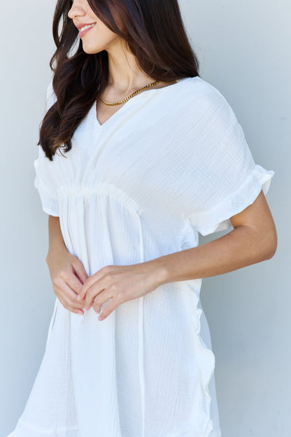 Ninexis Out Of Time Full Size Ruffle Hem Dress with Drawstring Waistband in White - UrbanEthereal