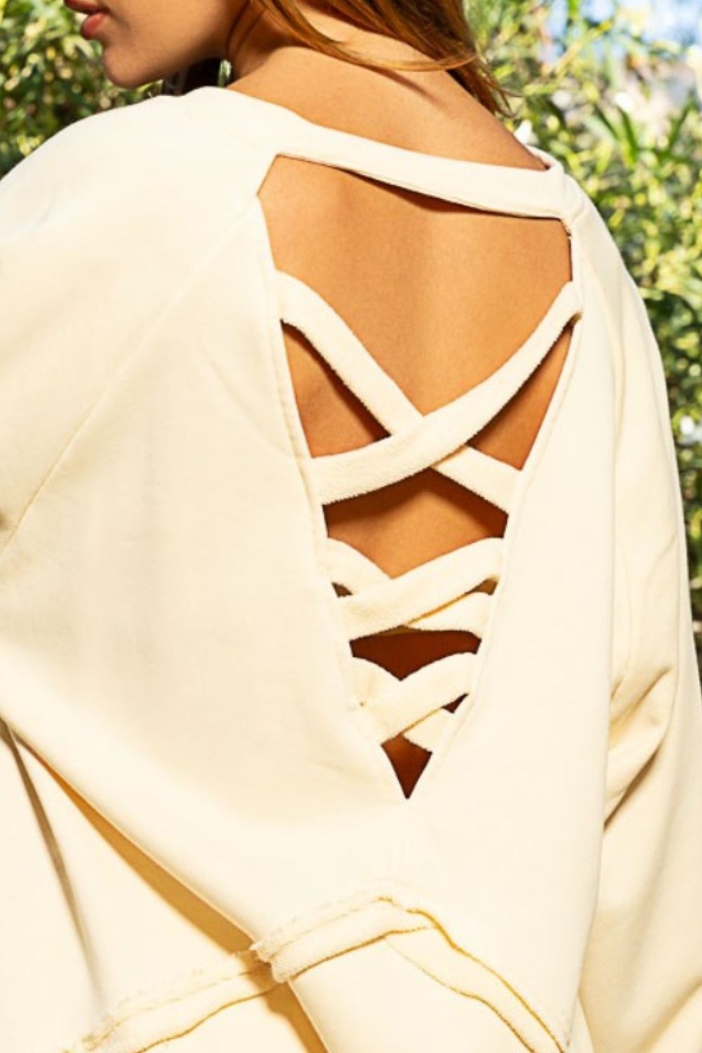 POL Back Cross Strap Detail Balloon Sleeve Sweatshirt - UrbanEthereal