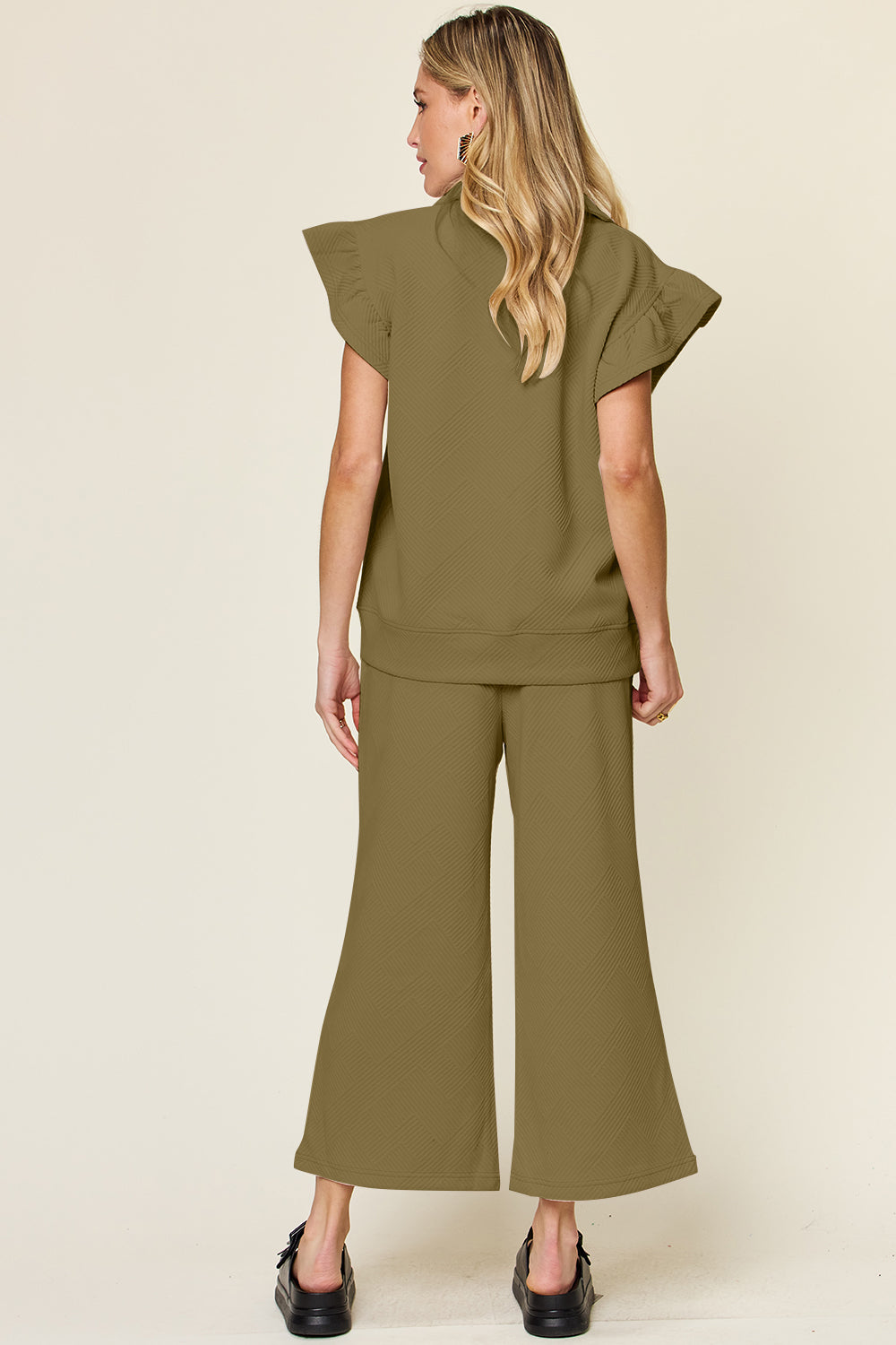 Double Take Texture Ruffle Short Sleeve Top and Drawstring Wide Leg Pants Set - UrbanEthereal