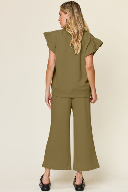 Double Take Texture Ruffle Short Sleeve Top and Drawstring Wide Leg Pants Set - UrbanEthereal