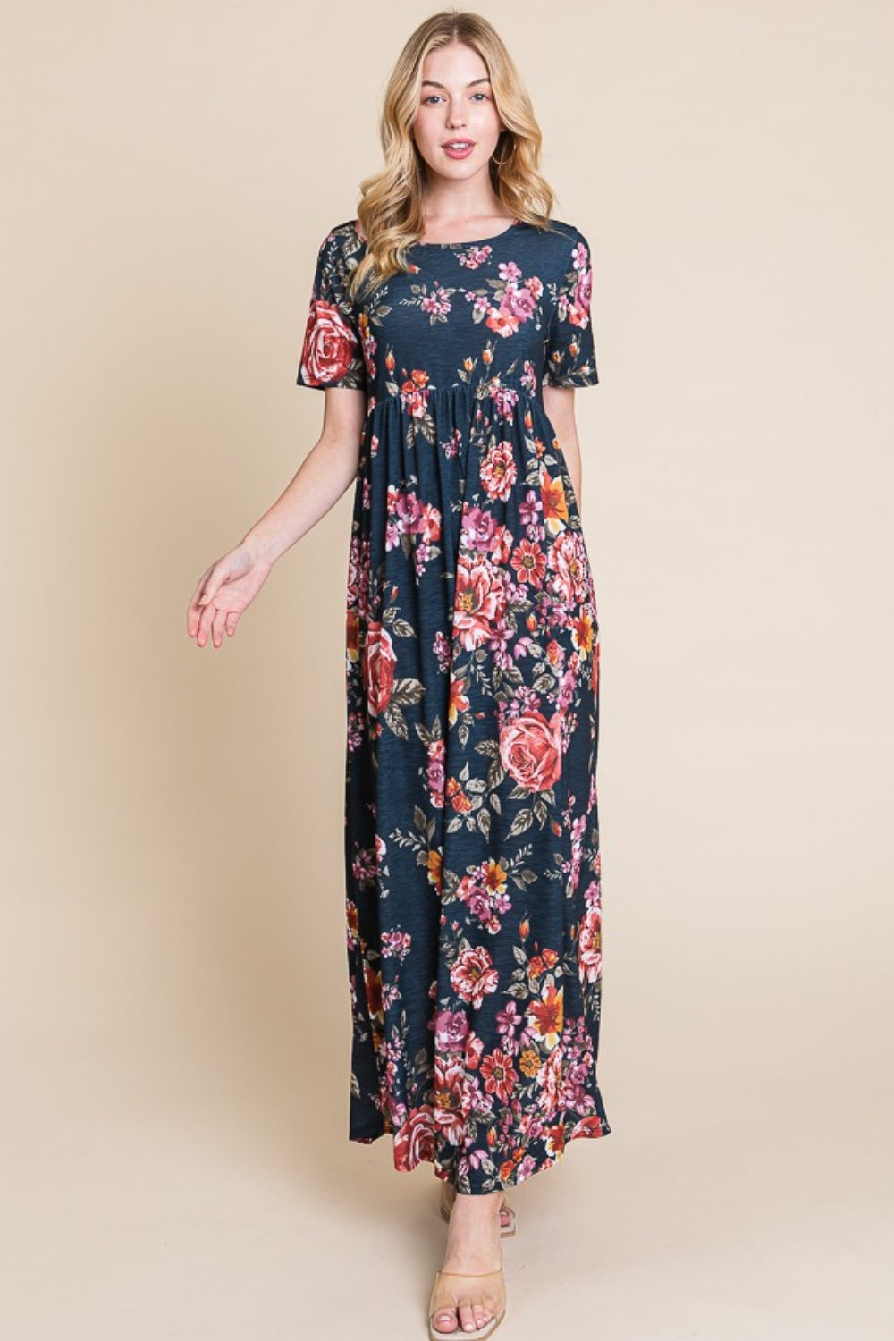 BOMBOM Floral Short Sleeve Maxi Dress - UrbanEthereal