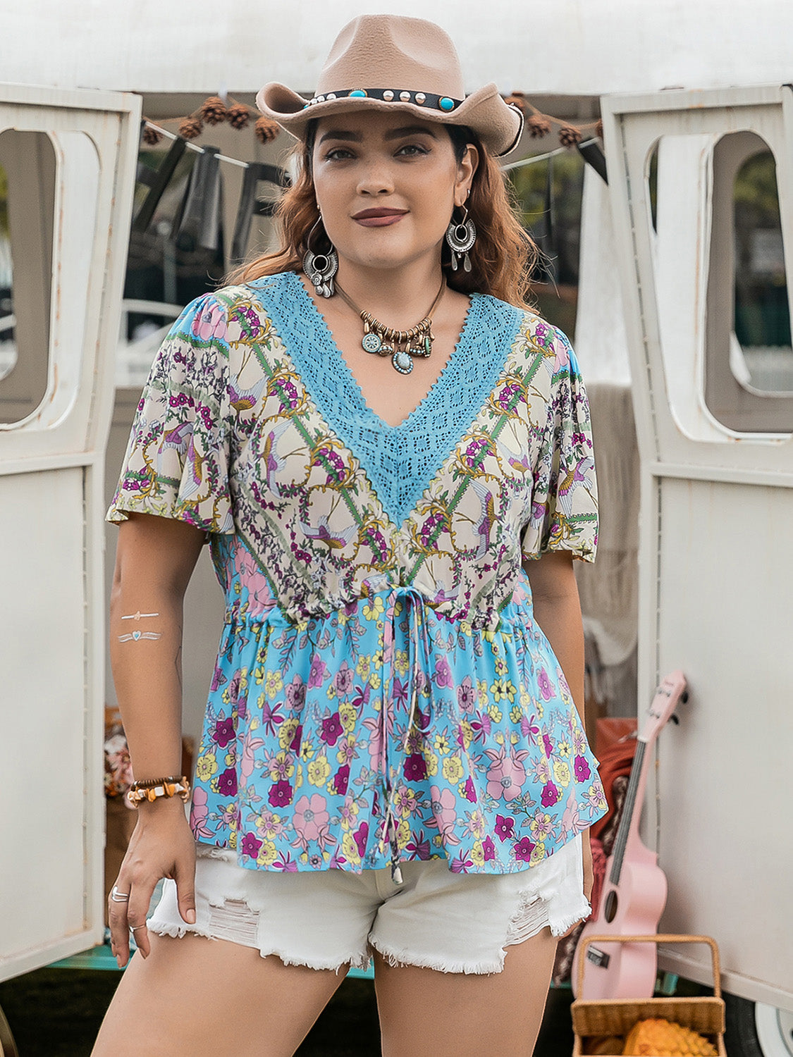 Plus Size Ruched Lace Detail Printed V-Neck Short Sleeve Blouse - UrbanEthereal