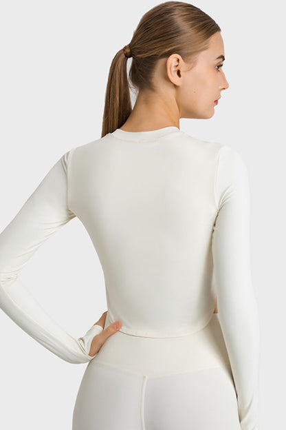 Millennia Side Slit Long Sleeve Round Neck Crop Top