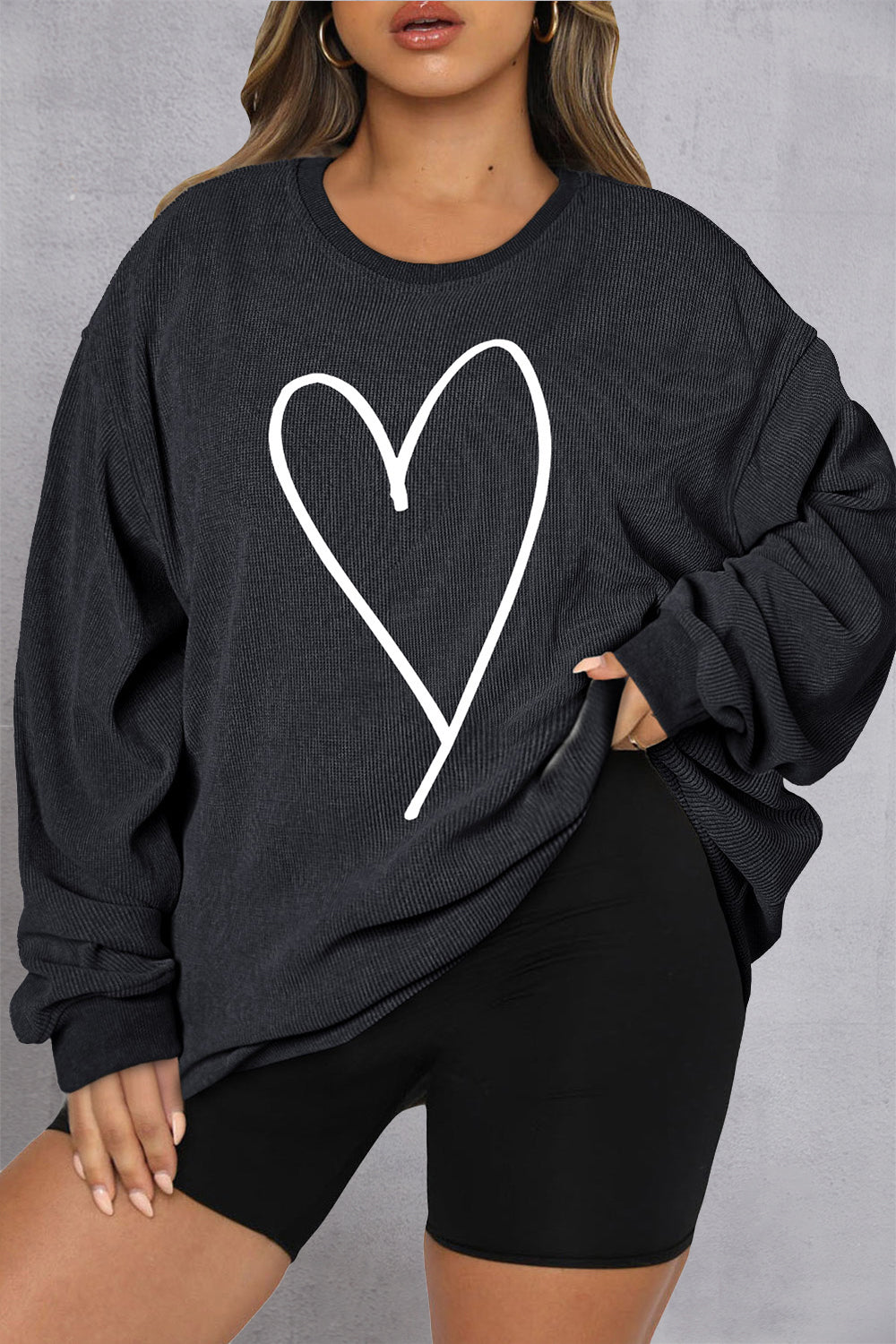 Plus Size Heart Ribbed Round Neck Sweatshirt - UrbanEthereal