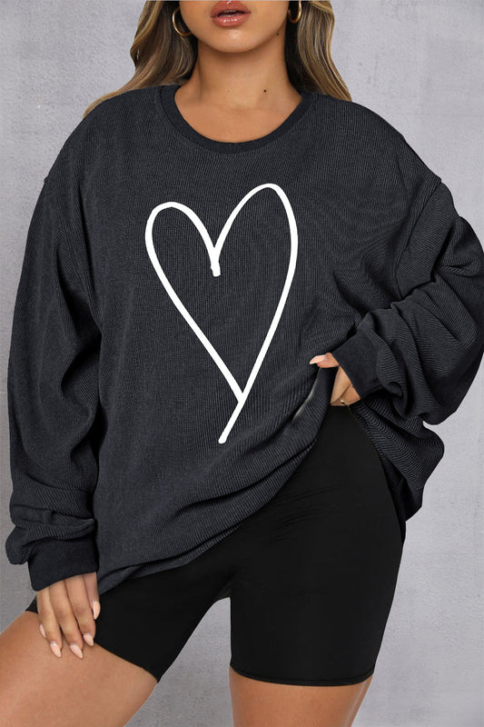 Plus Size Heart Ribbed Round Neck Sweatshirt - UrbanEthereal
