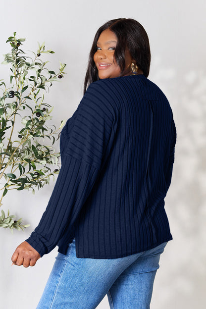 Basic Bae Full Size Ribbed Round Neck Slit Knit Top - UrbanEthereal